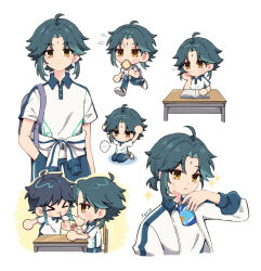  >_< ... 2boys :3 ahoge alternate_costume alternate_hairstyle androgynous aqua_hair arms_up artist_name backpack bag black_hair blue_hair blue_pants blush book braid bread bread_slice buttons can closed_eyes closed_mouth collared_shirt commentary cowboy_shot desk drink_can eating eyeshadow facial_mark flying_sweatdrops food food_in_mouth forehead_mark four-pointed_star from_side genshin_impact gradient_hair green_hair hair_between_eyes hand_in_pocket hand_on_own_face hand_up hands_on_own_head highres holding holding_book holding_can holding_food holding_pen holding_pocky jacket long_sleeves looking_at_another looking_to_the_side low_ponytail makeup male_focus multicolored_hair multiple_boys multiple_views no_mouth open_book open_clothes open_jacket open_mouth pants pen pocky pocky_in_mouth ponytail puffy_long_sleeves puffy_sleeves purple_bag red_eyeshadow running school_desk school_uniform shadow shirt shoes short_ponytail short_sleeves sidelocks simple_background sitting smile sneakers soda_can solo_focus speech_bubble spoken_ellipsis standing sweatdrop track_jacket track_pants track_suit twin_braids two-tone_hair untranslatable_commentary upper_body v-shaped_eyebrows venti_(genshin_impact) wariza white_background white_jacket white_shirt white_shoes xerin_art xiao_(genshin_impact) yellow_eyes 
