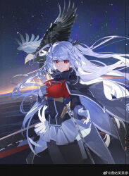 1girl absurdres bird black_cape black_pantyhose blue_hair breasts cape deer_gu_fu_fu_ball eagle essex_(warship_girls_r) gloves hawk highres long_hair looking_at_viewer ocean pantyhose pleated_skirt red_eyes skirt sky solo star_(sky) starry_sky sword two_side_up warship_girls_r weapon white_gloves white_hair white_skirt 