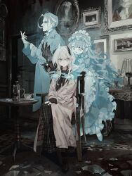  1boy 2girls ahoge apron bird blackwood's_will blue_eyes broken_glass brown_coat call_of_cthulhu chair closed_mouth coat commentary_request cup dress floating frills ghost glass hair_ornament highres indoors long_dress long_hair long_sleeves looking_at_viewer maid maid_headdress mirror multiple_girls sitting table teacup watakokyu white_hair 