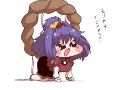  all_fours black_skirt chibi chibi_only commentary_request emoji full_body hair_ornament layered_sleeves leaf_hair_ornament long_sleeves meme open_mouth pleading_face_emoji purple_hair red_shirt rope sandals shimenawa shirt short_hair short_over_long_sleeves short_sleeves simple_background skirt smile speakiposting_(meme) tobisawa touhou translation_request white_background yasaka_kanako 