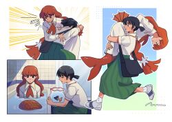  2girls absurdres bag bathtub black_bag black_eyes black_hair blue_eyes carrying carrying_over_shoulder carrying_person collared_shirt commentary dress english_commentary fishbowl grace_(sayonara_lara) green_skirt grey_shoes highres lara_(sayonara_lara) long_hair long_skirt merfolk mermaid monster_girl multiple_girls omnlet ootsu_mari ponytail red_hair sayonara_lara shirt shoes short_hair short_ponytail skirt white_dress white_shirt 