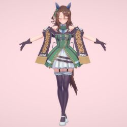  1girl animal_ears brown_hair closed_eyes commentary dress ear_covers english_commentary garter_straps green_dress highres horse_ears horse_girl king_halo_(king_of_emeralds)_(umamusume) king_halo_(umamusume) koikatsu_(medium) long_hair off-shoulder_dress off_shoulder outstretched_arms pink_background spread_arms takamatsunomiya_kinen thigh-highs umamusume yooo_jun 