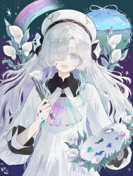  1girl :d absurdres aqua_ascot ascot beret black_pantyhose blue_hair calla_lily collared_dress contrast_collar dress fang flower gomidasu_(kamitsubaki_studio) grey_eyes grey_hair hair_flower hair_ornament hair_over_one_eye hat highres holding holding_paintbrush isekaijoucho kamitsubaki_studio layered_sleeves long_hair long_sleeves looking_at_viewer multicolored_ascot multicolored_hair official_alternate_costume one_eye_covered paint_palette paint_splatter paint_splatter_on_face paintbrush pantyhose pink_ascot puffy_sleeves purple_ascot rainbow ribbon sidelocks skin_fang smile white_dress white_flower white_hat white_ribbon yuuneka 