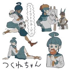 1boy 1girl ahoge ahoge_girl_(jimini_shijimi) ball beret blue_hair blue_sailor_collar blue_serafuku blue_skirt blunt_bangs blush bridal_gauntlets brown_bridal_gauntlets brown_hair candy_apple commentary_request converse cropped_torso dark-skinned_male dark_skin dynamic_pose food full_body hair_between_eyes hand_on_own_chin hand_on_own_hip hat highres holding holding_candy_apple holding_food horns ice_god_(jimini_shijimi) jimini_shijimi knee_up long_sleeves low_twintails multiple_views neckerchief no_pupils on_floor open_mouth original painting_(action) pleated_skirt pointy_ears posing red_hat red_neckerchief red_shoes sailor_collar school_uniform serafuku shoes short_eyebrows short_hair short_twintails sidelocks sitting skirt sleeveless smile soccer soccer_ball solo translation_request twintails white_background 