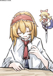  1girl absurdres alice_margatroid artist_name blonde_hair blue_dress blush capelet closed_eyes commentary_request dated doll dress facing_viewer frilled_hairband frills hairband highres one-hour_drawing_challenge open_mouth red_hairband sewing shanghai_doll simple_background smile solo thread touhou upper_body ve1024 white_background white_capelet 