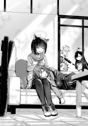  1boy 5girls bell blue_archive cat choker comiket_108 commentary_request couch doodle_sensei_(blue_archive) halo highres hina_(blue_archive) horns ichika_(blue_archive) indoors instrument kazusa_(blue_archive) monochrome multiple_girls neck_bell neckerchief on_couch pantyhose pillow pleated_skirt sailor_collar satsumi sensei_(blue_archive) shirt shoes short_hair skirt sleeping sneakers subaru_(blue_archive) table toki_(blue_archive) 