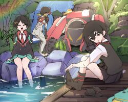  3girls backpack bag bare_legs black_hoodie black_skirt black_socks black_sweater_vest blonde_streaks bodysuit commentary_request food fruit hood hoodie in-franchise_crossover marvel marvel_rivals marvel_tokon:_fighting_souls mecha mecha_pilot_suit misono_(misono_ttt) multicolored_hair multiple_girls multiple_persona peni_parker pleated_skirt rainbow robot rock skirt soaking_feet sock_pull socks sp//dr spider-man_(series) spider-verse streaked_hair stream sweater_vest tree twintails unworn_socks water waterfall watermelon 