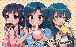 3girls apron black_hair blue_eyes blue_hair blush bread brown_eyes cheese closed_mouth commentary_request dress eating fluffy_sweet_(idolmaster) food fried_egg gakuen_idolmaster good_sleep_pajama_(idolmaster) green_eyes green_hair hair_between_eyes hair_flaps half-closed_eyes idolmaster idolmaster_(classic) idolmaster_million_live! idolmaster_million_live!_theater_days kisaragi_chihaya light_smile long_hair long_sleeves looking_at_viewer miso_soup mogami_shizuka multiple_girls official_alternate_costume okazuhamburg plate rice simple_background smile soap standing sweater tearing_up tsukimura_temari 