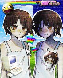  asymmetrical_hair awesome_face bliss_(image) blue_screen_of_death brown_eyes brown_hair chemise chibi chibi_inset commentary computer crt cursor dancingc0rpse11 dual_persona film_grain hair_ornament hairclip ibispaint_(medium) iwakura_lain monitor nyan_cat serial_experiments_lain short_hair single_sidelock smile super_mario_bros. super_star_(mario) white_chemise x_hair_ornament 
