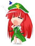  akunohana braid chibi closed_eyes hat highres hong_meiling knife knifed long_hair open_mouth panties red_hair redhead solo throwing_knife touhou twin_braids underwear weapon yawning 