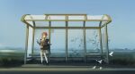  1girl bag bangs bird black_eyes breasts bus_stop city danzir grass handbag highres holding horizon lake large_breasts looking_away medium_hair original redhead scenery shoes shorts sidewalk sky socks solo standing thighs white_legwear 