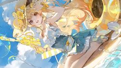  1girl :d blonde_hair breasts clam company_name flower frills game_asset gem hat highres holding holding_water_gun hololive hololive_dev_is hololive_dreams jewelry long_hair looking_at_viewer musical_note necklace non-web_source official_alternate_costume official_art otonose_kanade otonose_kanade_(breezy_smile_chords) pearl second-party_source self-datamine shoes smile solo star_(symbol) straw_hat sunflower teeth toes tongue upper_teeth_only virtual_youtuber water_gun white_shoes yellow_eyes yellow_flower yellow_hat 