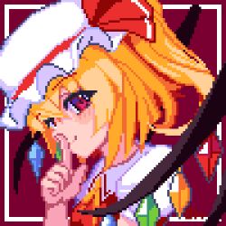  1girl ascot blonde_hair border brodall_pixel closed_mouth collared_shirt commentary crystal crystal_wings finger_to_mouth flandre_scarlet hat hat_ribbon looking_at_viewer lowres mob_cap multicolored_wings one_side_up outside_border pixel_art red_background red_eyes red_vest ribbon shirt shushing smile solo touhou upper_body vest white_border white_hat white_shirt wings yellow_ascot 