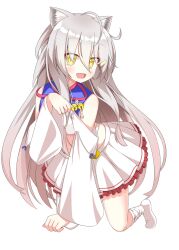  1girl :d ahoge all_fours animal_ear_fluff animal_ears bandaid bandaid_on_knee bandaid_on_leg bare_shoulders bell cat_ears cat_girl crop_top detached_sleeves eyes_visible_through_hair fang frilled_skirt frills full_body grey_hair hair_between_eyes hair_ornament hairclip hand_up highres jingle_bell kneehighs kuro_(sakura_moyu) long_hair long_hair_between_eyes long_sleeves looking_at_viewer miniskirt no_shoes open_mouth paw_pose pleated_skirt sakura_moyu simple_background skirt slit_pupils smile socks solo very_long_hair white_background white_skirt white_socks wide_sleeves wistar1as yellow_eyes 