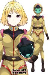  alternate_eye_color assault_visor black_boots black_gloves blonde_hair bodysuit boots brown_eyes collared_bodysuit commentary_request earth_federation_space_forces full_body gloves gundam helmet highres holding holding_unworn_helmet mecha_pilot_suit medium_hair mobile_suit_gundam sayla_mass skin_tight smile spacesuit temisu_no_nageki unworn_headwear unworn_helmet white_background 