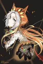  1girl absurdres ahoge animal_ears ascot black_ascot black_gloves colored_bangs commentary_request ear_covers gem gloves green_gem highres horse_ears horse_girl jacket long_hair long_sleeves multicolored_hair orange_hair orfevre_(control)_(umamusume) orfevre_(umamusume) parted_lips single_ear_cover solo two-tone_hair uma_motiyodor umamusume violet_eyes white_hair white_jacket 