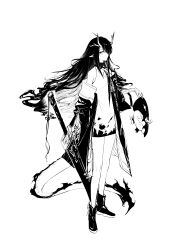  1girl absurdres animal arknights arm_tattoo bead_bracelet beads bitey_(arknights) boots bracelet chinese_clothes cleavage_cutout clothing_cutout commentary_request dragon_girl dragon_horns dragon_tail dress dusk_(arknights) fire flame-tipped_tail full_body greyscale hair_over_one_eye highres holding holding_animal holding_sword holding_weapon horns jacket jewelry long_hair long_sleeves looking_at_viewer monochrome necktie off_shoulder one_eye_covered open_clothes open_jacket pointy_ears qipao simple_background sleeveless sleeveless_dress solo standing sword tail tattoo very_long_hair wavy_hair weapon white_background xianjian_lingluan 