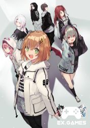  2boys 6+girls :d akabane_youko bag baggy_pants black_bag black_choker black_gloves black_jacket black_pantyhose black_socks brown_hair chibi chibi_inset choker commentary demon_girl demon_horns demon_wings fang gloves green_eyes grey_eyes grey_hair grey_shorts group_name hair_ornament hair_ribbon hairclip highres honma_himawari hood hood_down hood_up hooded_jacket horns jacket jacket_partially_removed kanae_(nijisanji) kneehighs kuzuha_(nijisanji) long_hair long_sleeves looking_at_viewer looking_back looking_to_the_side low_twintails makaino_ririmu mogayama multiple_boys multiple_girls nijisanji nijisanji_gamers off_shoulder one_side_up open_clothes open_jacket open_mouth orange_hair pants pantyhose pink_eyes pink_hair pink_horns pink_wings ponytail print_shirt red_eyes red_hair red_ribbon ribbon sasaki_saku setsuna_(nijisanji) shiina_yuika shirt shirt_tucked_in shoes short_hair shorts smile socks standing striped_clothes striped_jacket teeth twintails upper_teeth_only virtual_youtuber white_hair white_jacket white_shirt white_shoes wings yamiyono_moruru zipper zipper_pull_tab 