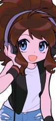  1girl :d big_hair black_vest blue_eyes bouro73 brown_hair commentary_request eyelashes hand_on_headphones headphones highres hilda_(pokemon) long_hair open_clothes open_mouth open_vest pokemon pokemon_adventures ponytail shirt sidelocks signature simple_background sleeveless sleeveless_shirt smile solo upper_body vest white_background white_shirt 