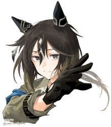  1girl absurdres animal_ears black_gloves brown_eyes brown_hair closed_mouth coat commentary_request cropped_shoulders ear_covers gloves hair_between_eyes highres horse_ears horse_girl long_hair multicolored_hair shirt simple_background solo stay_gold_(sunlit_outsider)_(umamusume) stay_gold_(umamusume) uma_motiyodor umamusume white_hair wrist_belt yellow_coat 