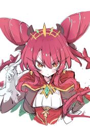  1girl brown_eyes dominusteer_rosepamela double_bun dress duel_monster gloves hair_bun highres jigenshin long_hair long_sleeves pout red_eyes sidelocks sketch solo tiara twintails upper_body white_background white_gloves yu-gi-oh! 