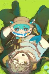  1boy animal animal_ears animal_nose black_boots black_gloves black_jacket black_pants blue_eyes blue_flower blue_fur blush_stickers boots brown_hat bubbles_(honkai:_star_rail) caelus_(honkai:_star_rail) chimera_(honkai:_star_rail) collarbone commentary_request creature fingerless_gloves fins fish_tail flower gloves grass grey_hair hair_between_eyes hat holding holding_animal honkai:_star_rail honkai_(series) hood hooded_jacket jacket lapels long_sleeves looking_at_viewer looking_up lying male_focus mizukuragemizu on_back open_clothes open_jacket open_mouth otter_ears outdoors pants pet shadow shark_tail shirt short_hair star_(symbol) star_print sun_hat swim_ring t-shirt tail teeth trailblazer_(honkai:_star_rail) two-sided_fabric two-sided_jacket two-tone_fur white_fur white_shirt yellow_eyes yellow_jacket 