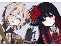  2girls ^_^ black_coat black_gloves black_hair black_shirt blonde_hair closed_eyes coat collared_shirt commentary commentary_request crown curtained_hair diamond_hair_ornament epaulettes flower ggw3l9 gloves hair_flower hair_ornament hasumi_leia high_collar highres holding_hands interlocked_fingers letterboxed long_hair long_sleeves mahou_shoujo_no_majo_saiban mini_crown multiple_girls necktie nikaido_hiro red_eyes red_flower red_necktie sash shirt short_hair shoulder_sash simple_background smile white_background white_gloves white_shirt yuri 