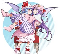  2girls bat_wings blue_hair boots bow carrying carrying_person chair closed_mouth commentary_request crescent crescent_hat_ornament dress eichi_yuu footwear_bow hat hat_ornament hat_ribbon long_hair long_sleeves mob_cap multiple_girls on_chair patchouli_knowledge pink_boots pink_hat pink_skirt princess_carry purple_hair red_eyes remilia_scarlet ribbon sitting skirt smile striped_clothes striped_dress touhou vertical-striped_clothes vertical-striped_dress very_long_hair violet_eyes wide_sleeves wings yuri 