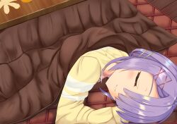  1girl :3 blunt_bangs blush c2h3 cafe_stella_to_shinigami_no_chou casual closed_eyes closed_mouth commentary_request dutch_angle hair_ornament hair_over_one_eye hairclip highres hiuchidani_mei indoors kotatsu long_bangs long_sleeves lying on_stomach one_eye_covered parallel_hairclips purple_hair shirt short_hair_with_long_locks smile solo split_mouth table under_kotatsu under_table upper_body x_hair_ornament yellow_shirt 
