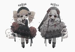  2girls ankle_ribbon black_bow black_bowtie black_dress black_eyes black_halo black_shoes black_veil blonde_hair blood blood_stain bow bowtie closed_mouth commentary dog dress drill_hair floral_print flower frilled_dress frilled_sleeves frills ghost gothic_lolita hair_flower hair_ornament halo holding holding_skull layered_dress leg_ribbon lolita_fashion long_hair multiple_girls naiguozi open_mouth original puffy_sleeves rabbit red_eyes red_flower red_rose ribbon ribs rose rose_print sample_watermark see-through_clothes see-through_dress shoes skull skull_print sparkle three-quarter_sleeves triangle_mouth twin_drills untranslatable_commentary veil very_long_hair watermark white_background white_dress white_flower white_hair white_rose 