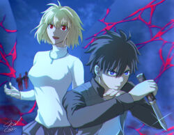  1girl 3boys ahoge antenna_hair arcueid_brunestud black_hair black_pantyhose black_sleeves blonde_hair blue_eyes blue_pupils blue_skirt crack fighting_stance fingernails fog folding_knife glowing glowing_eyes grey_jacket hair_between_eyes jacket knife looking_ahead messy_hair miniskirt multiple_boys mystic_eyes_of_death_perception nanatsu-yoru night open_mouth pantyhose plaid_clothes plaid_skirt red_eyes reverse_grip seaway_cdra shade sharp_fingernails shirt short_hair silhouette single_hair_intake skirt smile switchblade tohno_shiki tsukihime tsukihime_(remake) white_shirt zombie 