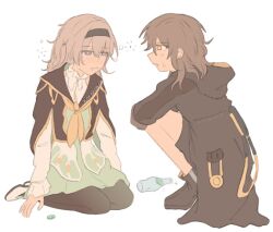  2girls artist_name black_boots black_hairband black_jacket black_skirt black_thighhighs blue_eyes blush boots bottle breasts bright_pupils brown_jacket dress drunk english_commentary firefly_(honkai:_star_rail) from_side full_body green_dress grey_hair hair_between_eyes hairband high_heel_boots high_heels honkai:_star_rail honkai_(series) hood hooded_jacket jacket korshokor long_hair long_sleeves looking_at_another medium_breasts medium_hair miniskirt multicolored_eyes multiple_girls neckerchief open_mouth pink_eyes pocket_watch puffy_long_sleeves puffy_sleeves sailor_collar seiza shoes simple_background sitting skirt smile squatting stelle_(honkai:_star_rail) sweatdrop thigh-highs trailblazer_(honkai:_star_rail) two-tone_dress watch white_background white_dress white_pupils white_shoes yellow_eyes yellow_neckerchief 