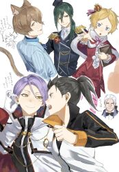  2boys 4girls :p angry animal_ears ascot beatrice_(re:zero) bishounen black_hair black_hat black_jacket black_shirt blue_eyes blue_jacket bob_cut book breasts brown_eyes brown_hair butterfly-shaped_pupils cape capelet cat_ears cat_girl cat_tail child clenched_hand closed_mouth commentary_request crown crusch_karsten danroneko double-parted_bangs drawstring epaulettes felix_argyle from_above from_behind fur-trimmed_capelet fur_trim genderswap genderswap_(ftm) genderswap_(mtf) gloves green_hair hair_behind_ear hair_between_eyes hair_slicked_back hand_up hat high_collar highres holding holding_book jacket julius_juukulius knight lapels light_blush low_ponytail middle_part military_uniform mini_crown mini_hat multicolored_jacket multiple_boys multiple_girls natsuki_subaru notched_lapels old old_woman open_mouth orange_jacket outstretched_arm pom_pom_(clothes) ponytail purple_hair re:zero_kara_hajimeru_isekai_seikatsu red_capelet red_shirt red_shorts reverse_trap shirt short_hair short_ponytail shorts side_ponytail simple_background small_breasts smile symbol-shaped_pupils tail tareme teeth tongue tongue_out track_jacket translation_request tsurime two-sided_fabric upper_body upper_teeth_only white_ascot white_background white_cape white_gloves white_jacket white_shirt wilhelm_van_astrea yellow_eyes zipper zipper_pull_tab 