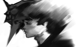  1boy aft8926 bad_link bird_mask closed_eyes facing_to_the_side from_side greyscale highres male_focus mask monochrome painterly parted_lips shadow_slave short_hair smearing solo sunny_(shadow_slave) upper_body 