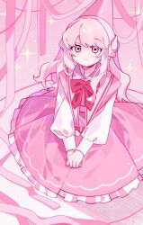  1other akiyama_mizuki alternate_costume alternate_hairstyle bow bowtie braid closed_mouth collared_dress dot_nose dress frilled_dress frills half_up_braid highres laylayhappy light_blush long_hair long_sleeves looking_at_viewer other_focus pink_bow pink_bowtie pink_dress pink_eyes pink_hair pink_ribbon pink_theme project_sekai puffy_long_sleeves puffy_sleeves ribbon sitting smile solo source_request sparkle 