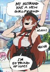  arm_up armpits cowboy_shot db_commander doro_(nikke) english_text goddess_of_victory:_nikke highres laughing looking_up meme outdoors rapi_(nikke) speech_bubble standing talking 
