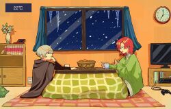  2boys black_cloak blush book cardigan cloak clock closed_eyes closed_mouth collared_shirt commentary controller cup curtains electrical_outlet esse_series food from_side fruit game_console game_controller green_cardigan grey_eyes grey_hair hem_peeking_out hyoutenka_30-do_no_zetsubou icicle indoors kotatsu kuchinashi_dabi kuuneru_engeizaa_(voiceroid) long_sleeves looking_at_another male_focus mandarin_orange medium_hair mole mole_under_eye mug multiple_boys open_mouth orange_(fruit) plant potted_plant red_hair rug sharp_teeth shelf shirt short_hair sitting smile snowing table tanishi_66 teeth television temperature tonimura_yui u_u under_kotatsu under_table white_shirt wing_collar xbox_360 xbox_controller 