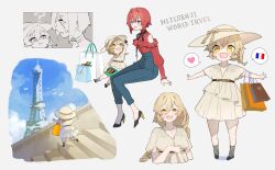  2girls :d ? absurdres aged_down ange_katrina bag belt black_ribbon black_shoes blonde_hair blue_eyes blue_pants blue_sky blush box box_of_chocolates braid breasts brown_belt center_frills child chocolate clothing_cutout clouds commentary copyright_name dress eiffel_tower english_text fang food french_flag frilled_dress frilled_shirt frills grey_background grey_socks hair_between_eyes hat hat_ribbon heart high-waist_pants high_heels highres holding holding_bag holding_chocolate holding_food invisible_chair jewelry large_breasts long_sleeves multiple_girls neck_ribbon necklace nijisanji no_socks nui_sociere official_alternate_costume open_mouth pants red_hair red_shirt ribbon shirt shirt_tucked_in shoes shopping_bag short_dress short_hair short_sleeves shoulder_cutout simple_bird single_braid sitting skin_fang sky smile socks speech_bubble spoken_flag spoken_heart stairs tourist underbust untranslatable_commentary virtual_youtuber white_dress why_(omaemona) wide_brim yellow_eyes yellow_ribbon 