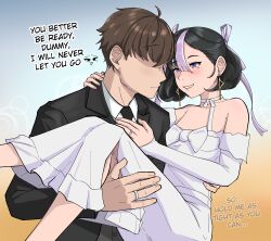 1boy 1girl absurdres bare_shoulders black_hair black_necktie breasts bride brown_hair carrying commander_(nikke) destoroyar dress earrings english_text faceless faceless_male goddess_of_victory:_nikke grin hair_ribbon highres jewelry looking_at_another mole mole_under_eye multicolored_hair necktie petite princess_carry purple_hair purple_ribbon purple_streaks ribbon ring shirt short_hair small_breasts smile strapless strapless_dress streaked_hair syuen_(nikke) triangle_earrings tuxedo violet_eyes wedding_dress wedding_ring white_dress white_shirt white_streaks 