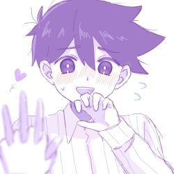  1boy 1girl antenna_hair blush bright_pupils collared_pajamas commentary double-parted_bangs flying_sweatdrops hair_between_eyes hero_(headspace)_(omori) hero_(omori) highres holding_hands interlocked_fingers long_sleeves mari_(headspace)_(omori) mari_(omori) omori open_mouth pajamas pov pov_hands ryo_pen17 short_hair simple_background smile striped_clothes striped_pajamas sweatdrop teeth untranslatable_commentary upper_teeth_only vertical-striped_clothes vertical-striped_pajamas white_background white_pajamas white_pupils 