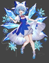  1girl absurdres bloomers blue_bow blue_dress blue_eyes blue_hair blue_shoes bow chinese_commentary cirno collared_shirt commentary_request cryokinesis detached_wings dress full_body grey_background hair_bow highres ice ice_wings l0e9s29p looking_at_viewer mary_janes open_mouth pinafore_dress puffy_short_sleeves puffy_sleeves shirt shoes short_sleeves simple_background sleeveless sleeveless_dress smile snowflakes solo touhou white_bloomers white_shirt white_shoes wings 