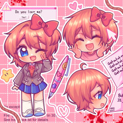  :d ahoge blazer blood blue_eyes blue_skirt bow chibi chibi_only cursor doki_doki_literature_club doki_doki_literature_club_school_uniform from_side grey_jacket grid_background hair_bow highres jacket marukunart multiple_views neck_ribbon official_alternate_costume orange_hair orange_vest pen pink_background red_bow red_ribbon ribbon rope sayori_(doki_doki_literature_club) school_uniform skirt smile sticker sweater_vest v vest window_(computing) 