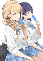  2girls bag black_bag black_bow blonde_hair blue_bow blue_bowtie blue_skirt bow bowtie braid braided_twintails collared_shirt commentary_request cowboy_shot fang food from_side fujita_kotone gakuen_idolmaster hair_bow hair_over_shoulder hand_up hataya_misuzu highres holding holding_food holding_popsicle hot idolmaster long_hair miniskirt multiple_girls onii_(oniipj) open_mouth pleated_skirt popsicle school_bag school_uniform shirt shirt_tucked_in short_hair simple_background sitting skin_fang skirt sleeves_rolled_up smile summer_uniform sweat three-quarter_sleeves violet_eyes white_background white_shirt 