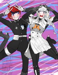  1boy 1girl ahoge armband black_hair black_hairband black_streaks blue_eyes blush braid commentary_request couple dancing gakuran gloves grey_hair hairband headphones hetero highres kirifuji_nozomi last_defense_academy_school_uniform long_hair mole mole_under_eye multicolored_hair murasaki_(deceive138) open_mouth pants red_hair school_uniform screaming shirt short_hair skirt streaked_hair sumino_takumi the_hundred_line_-last_defense_academy- two-tone_hair violet_eyes white_armband white_gloves white_hair 