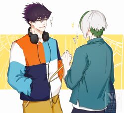  2boys blue_eyes blue_lock border clothes_hanger dress_shirt from_behind green_streaks hands_in_pockets headphones headphones_around_neck holding holding_clothes_hanger karasu_tabito looking_at_another male_focus multicolored_hair multiple_boys otoya_eita pants red_0217 shirt short_hair simple_background streaked_hair translation_request two-tone_hair white_border white_hair yellow_background 