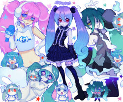  1992jpeg 1girl @_@ aimaina aqua_hair artist_name black_flower black_necktie black_rose black_sleeves blue_eyes blue_hair chibi commentary cyber_fashion detached_arm detached_legs detached_sleeves doushite-chan english_commentary flower frilled_shirt frilled_sleeves frilled_thighhighs frills ghost ghost_miku_(project_voltage) glitch glowing_neckwear gothic_lolita grey_shirt hachune_miku hatsune_miku hatsune_miku_(infinity) hatsune_miku_(space_channel_39) headset layered_skirt lolita_fashion multicolored_hair multiple_persona necktie obake_no_ukenerai_(vocaloid) pale_skin pink_eyes pink_hair pokemon project_voltage purple_hair retrofuturism rose see-through_clothes see-through_skirt shirt skirt sleeves_past_wrists thigh-highs triangular_headpiece twintails two-tone_hair ufo_skirt vocaloid white_background white_necktie will-o'-the-wisp_(mythology) yellow_eyes 