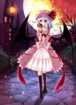  1girl apple bat bat_wings blue_hair boots castle cherry_blossoms dress eating food fruit full_moon hat highres lantern moon pink_dress purple_hair red_eyes remilia_scarlet ribbon short_hair solo touhou tree wings zzz36951 