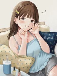  1girl aqua_camisole blush brown_background brown_eyes brown_hair camisole cosmetics cowboy_shot cup disposable_cup drawstring eighth_note fingernails floral_print grey_shorts grin hands_up highres long_hair looking_at_viewer musical_note nail_polish nail_polish_bottle nena_labo original pillow print_pillow short_shorts shorts simple_background sitting smile solo spaghetti_strap straight_hair tied_drawstring watermark yellow_nails 