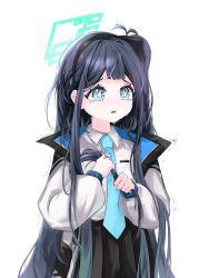  1girl alternate_hairstyle aqua_halo aris_(blue_archive) black_hair black_hairband black_skirt blue_archive blue_eyes blue_jacket blue_necktie bright_pupils collared_shirt commentary_request cowboy_shot crying crying_with_eyes_open cutting_hair cutting_own_hair dot_nose glint hairband halo hands_up highres holding holding_detached_hair holding_scissors jacket korean_commentary light_blush long_hair long_sleeves looking_ahead minimin346539 multi-source_commentary necktie one_side_up open_clothes open_jacket parted_lips pleated_skirt raised_inner_eyebrows rectangular_halo ringed_eyes scissors severed_hair shirt shirt_tucked_in simple_background skirt solo standing tareme tears trembling two-sided_fabric two-sided_jacket very_long_hair wavy_mouth white_background white_jacket white_pupils white_shirt 