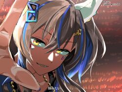  1girl animal_ears blue_hair blue_shirt brown_hair daitaku_helios_(fun_fun_party_night)_(umamusume) daitaku_helios_(umamusume) ear_covers facial_tattoo fang hair_ornament hairclip highres horse_ears horse_girl jewelry long_hair looking_at_viewer multicolored_hair necklace open_mouth reaching reaching_towards_viewer shirt solo star_(symbol) star_hair_ornament streaked_hair tattoo teeth uma_motiyodor umamusume yellow_eyes 